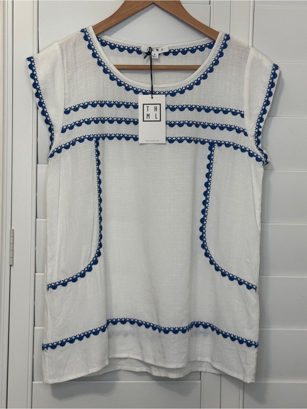NWT THML white too with blue embroidery